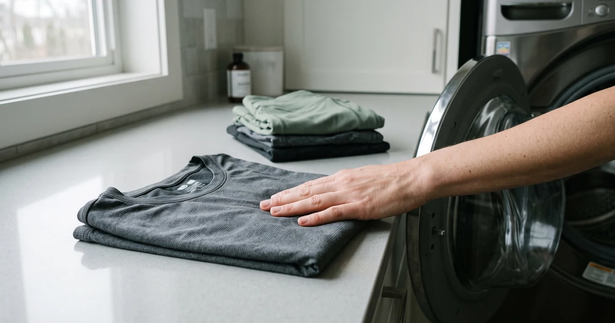 Folded performance t-shirt beside an open washing machine, illustrating how silver anti-odor finishes wash out of clothing