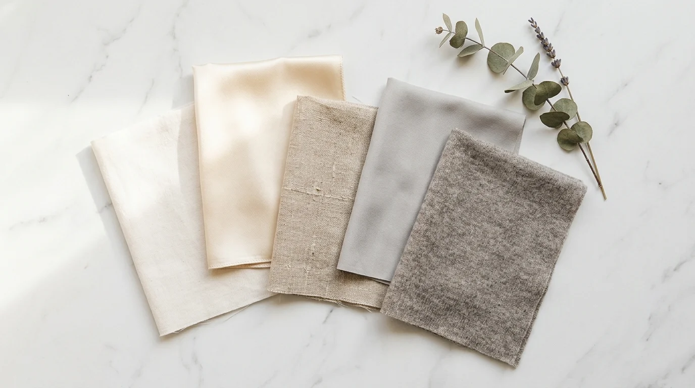 Soft organic cotton, silk, and linen fabric swatches arranged on a clean surface, representing skin-friendly materials