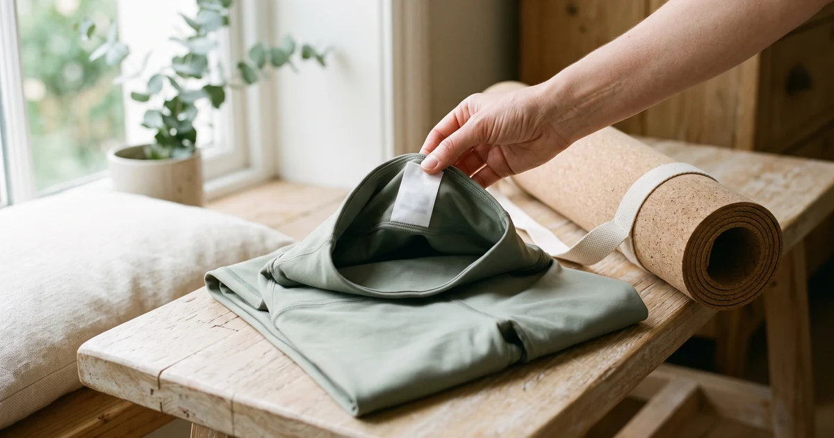 A hand holding up the care label inside a pair of green leggings next to a cork yoga mat