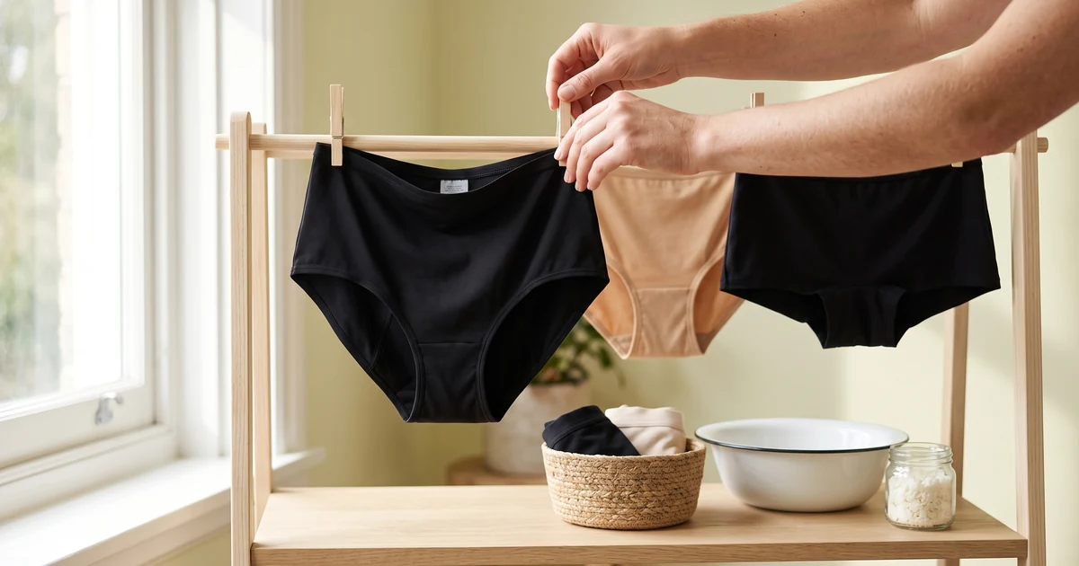 Hands clipping black period underwear to a wooden drying rack, with folded underwear in a woven basket below