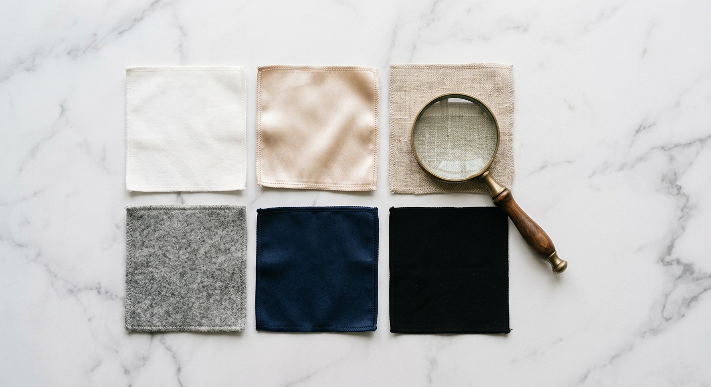 Close-up of various fabric swatches including cotton, silk, wool, and linen arranged for identification