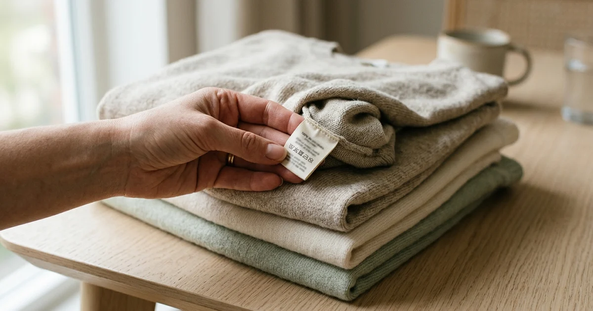 A bamboo viscose garment content tag next to raw bamboo, showing the gap between the plant and the regenerated cellulose fiber