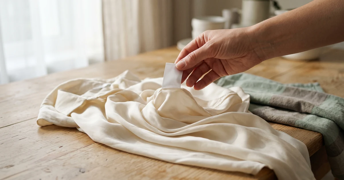 A 100% viscose care label held up next to a draped rayon shirt, illustrating that the fibre name says nothing about the finish