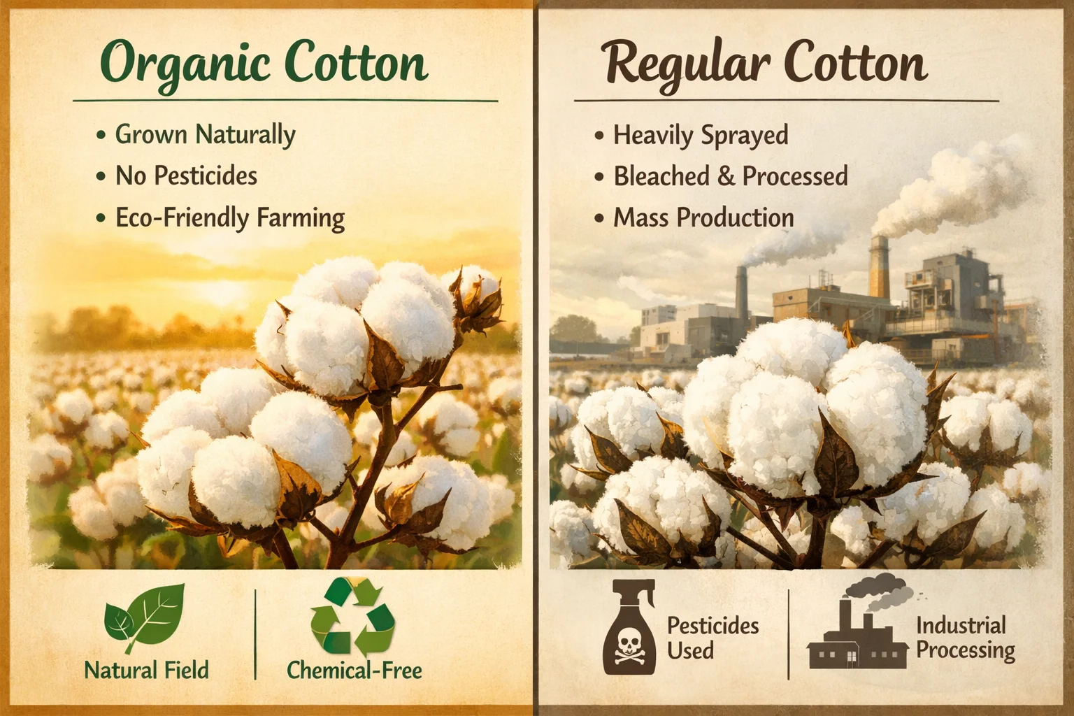 Side-by-side comparison of organic cotton bolls in a sunlit field and regular cotton in industrial processing