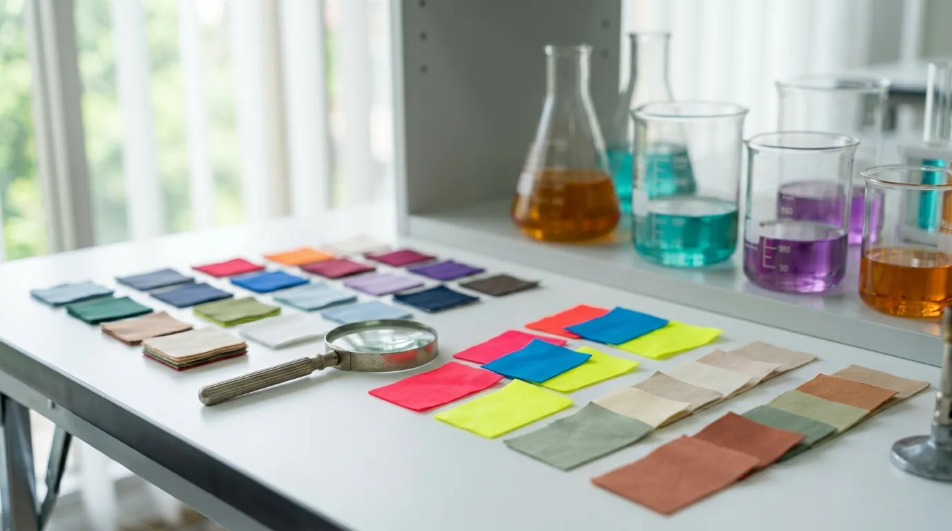 Colorful fabric dye samples on a laboratory table with a magnifying glass